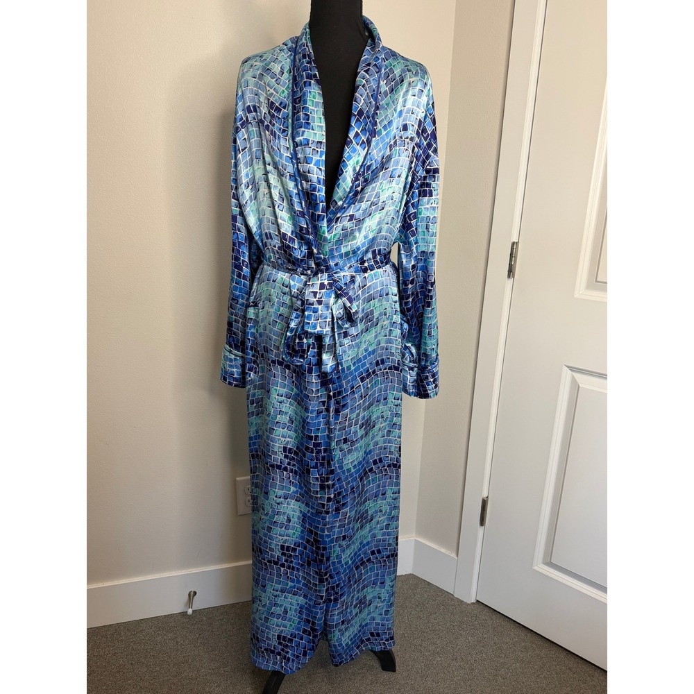 Vintage 90's Victoria's Secret Blue Mosaic Tile Satin Robe Long M/L Pockets